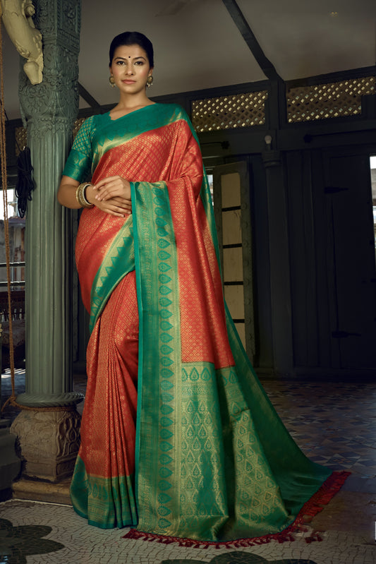 Crimson Red Color Golden Zari Kanjeevaram Silk Saree