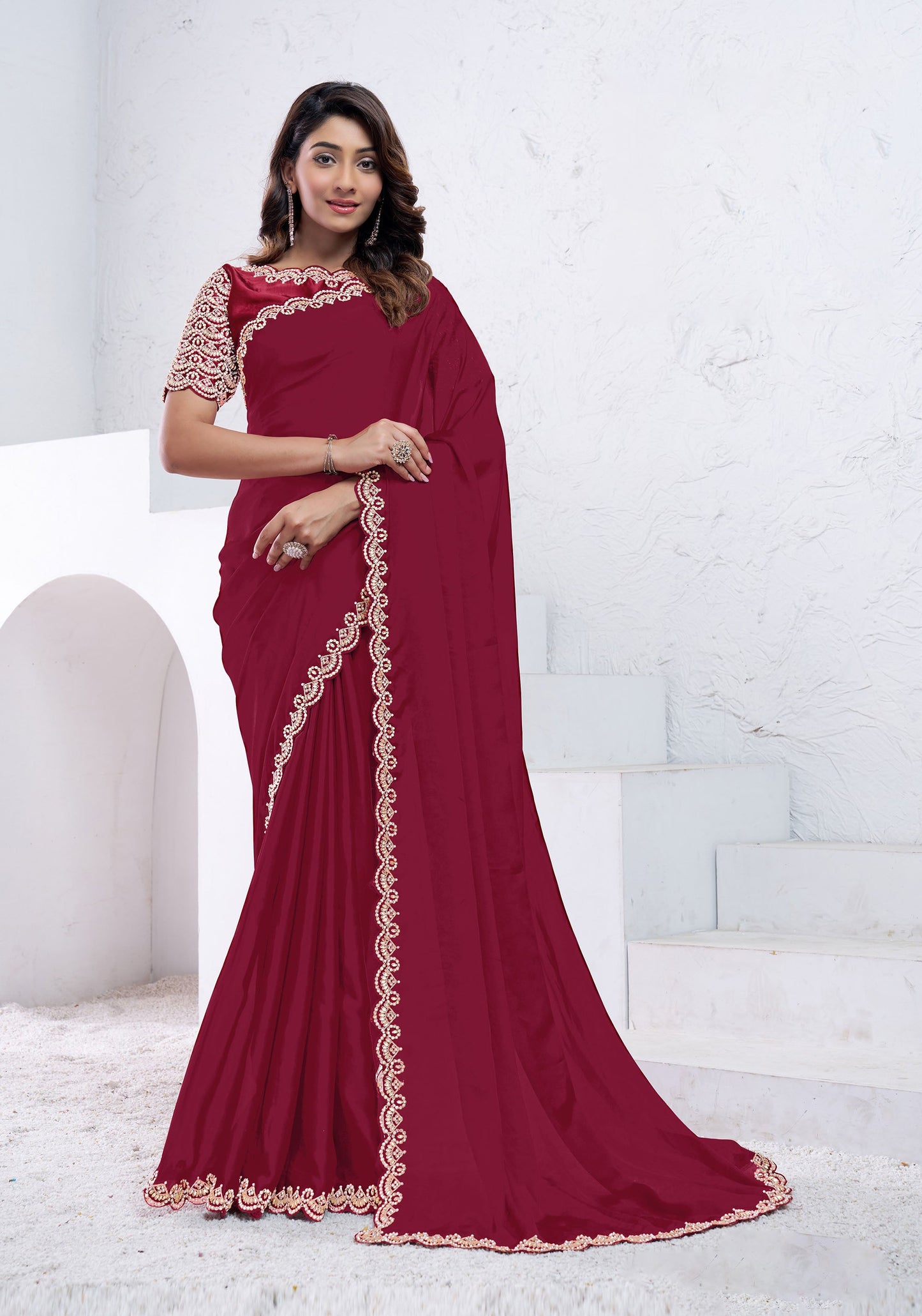 Red Crepe Silk Moti With Hand Work Saree