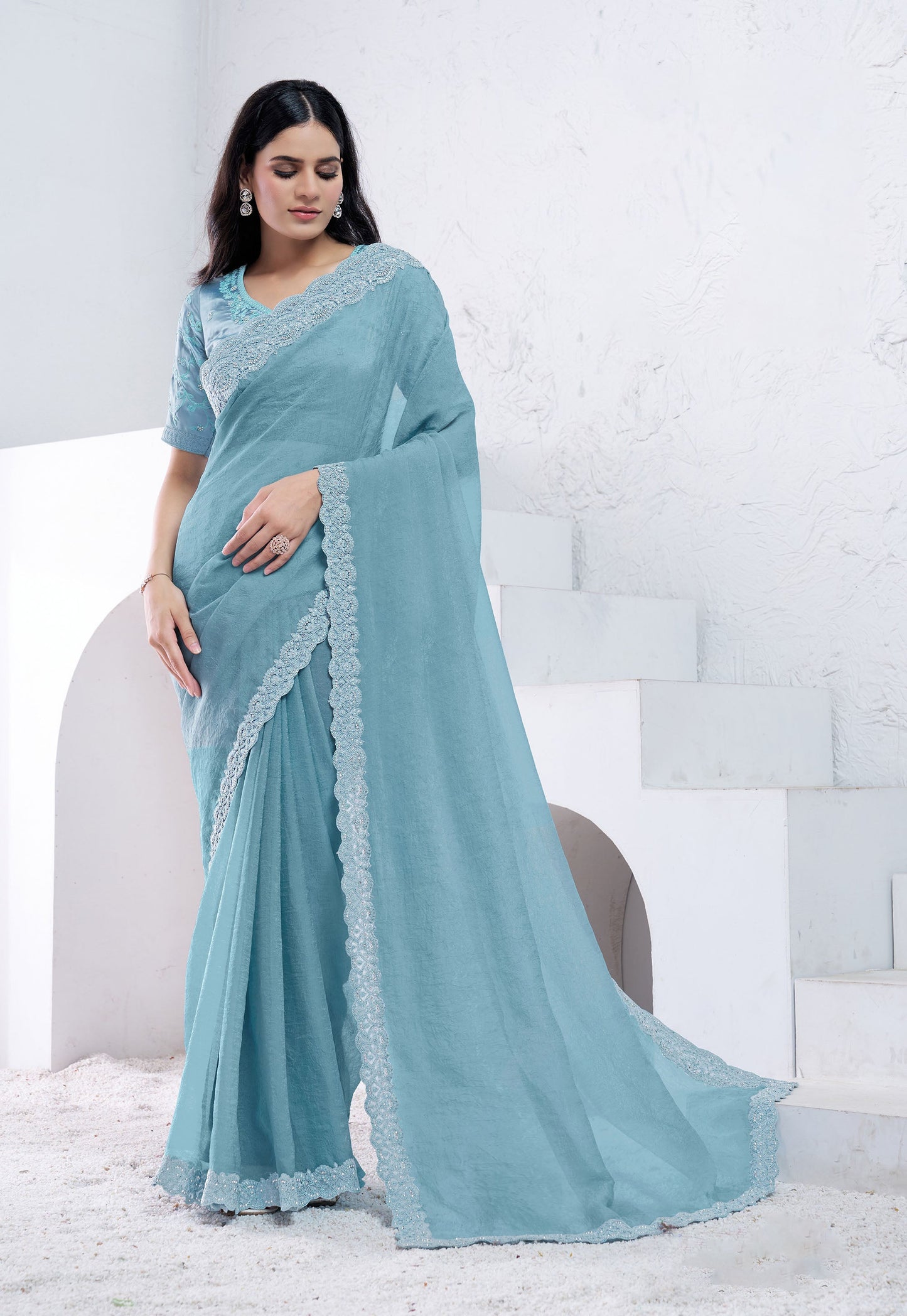 Aqua Blue Crush Pure Silk Diamond With Hand Work Saree