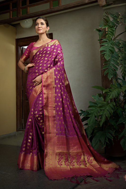 Magenta Pink Color Golden Zari Banarasi Raw Silk Saree
