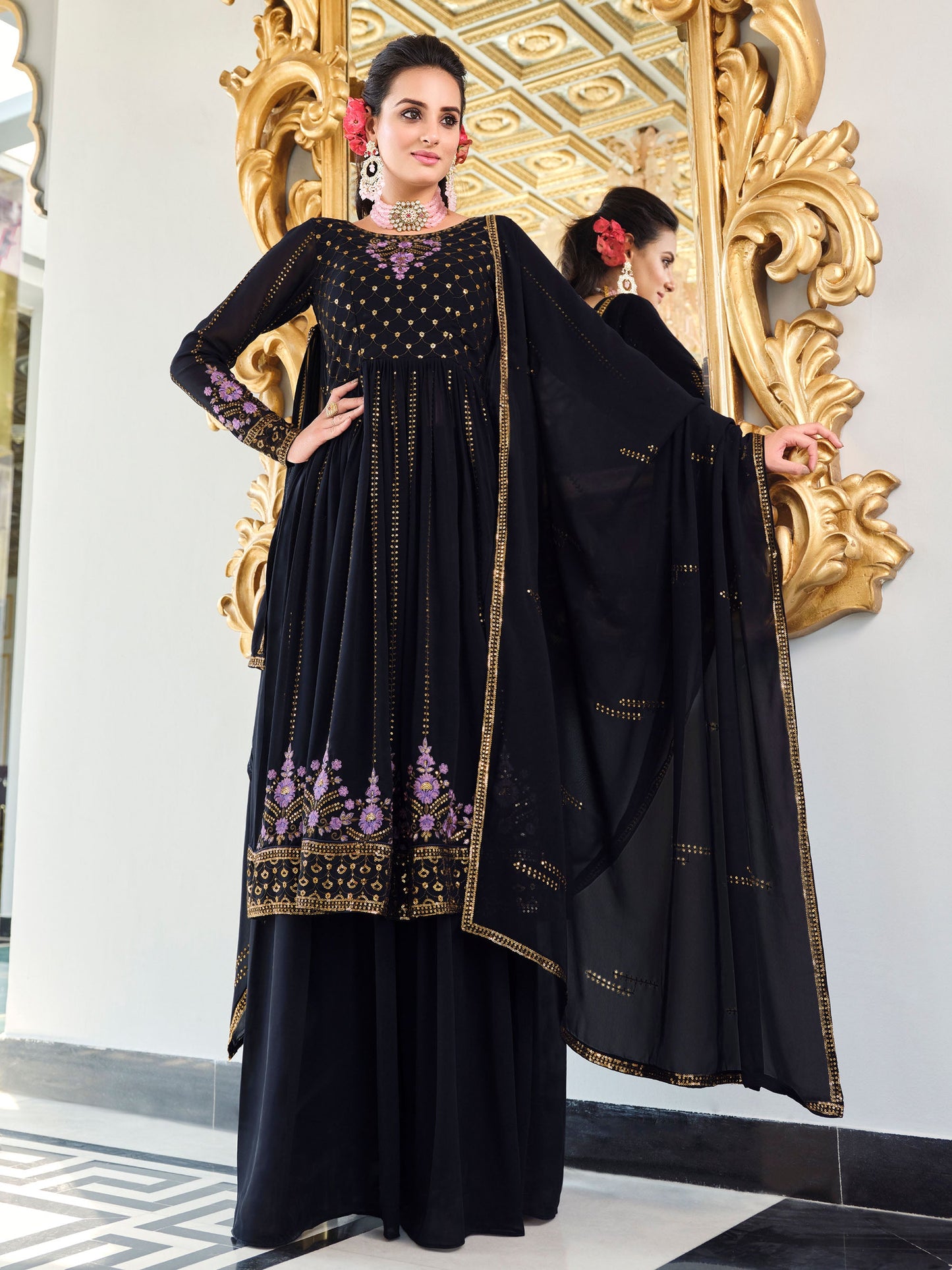 Dark Blue Thread Embroidery Georgette Sharara for Mehendi