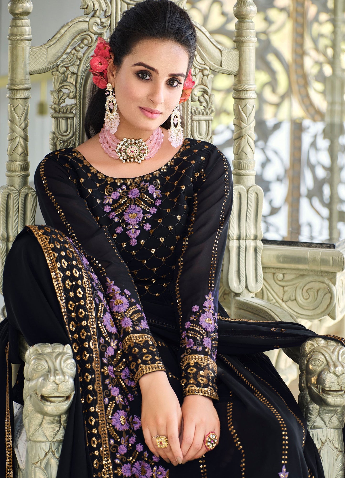 Dark Blue Thread Embroidery Georgette Sharara for Mehendi