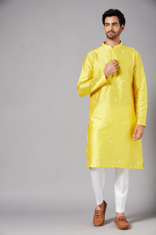 Yellow Raw Silk Thread Embroidered Festive ( only Kurta )