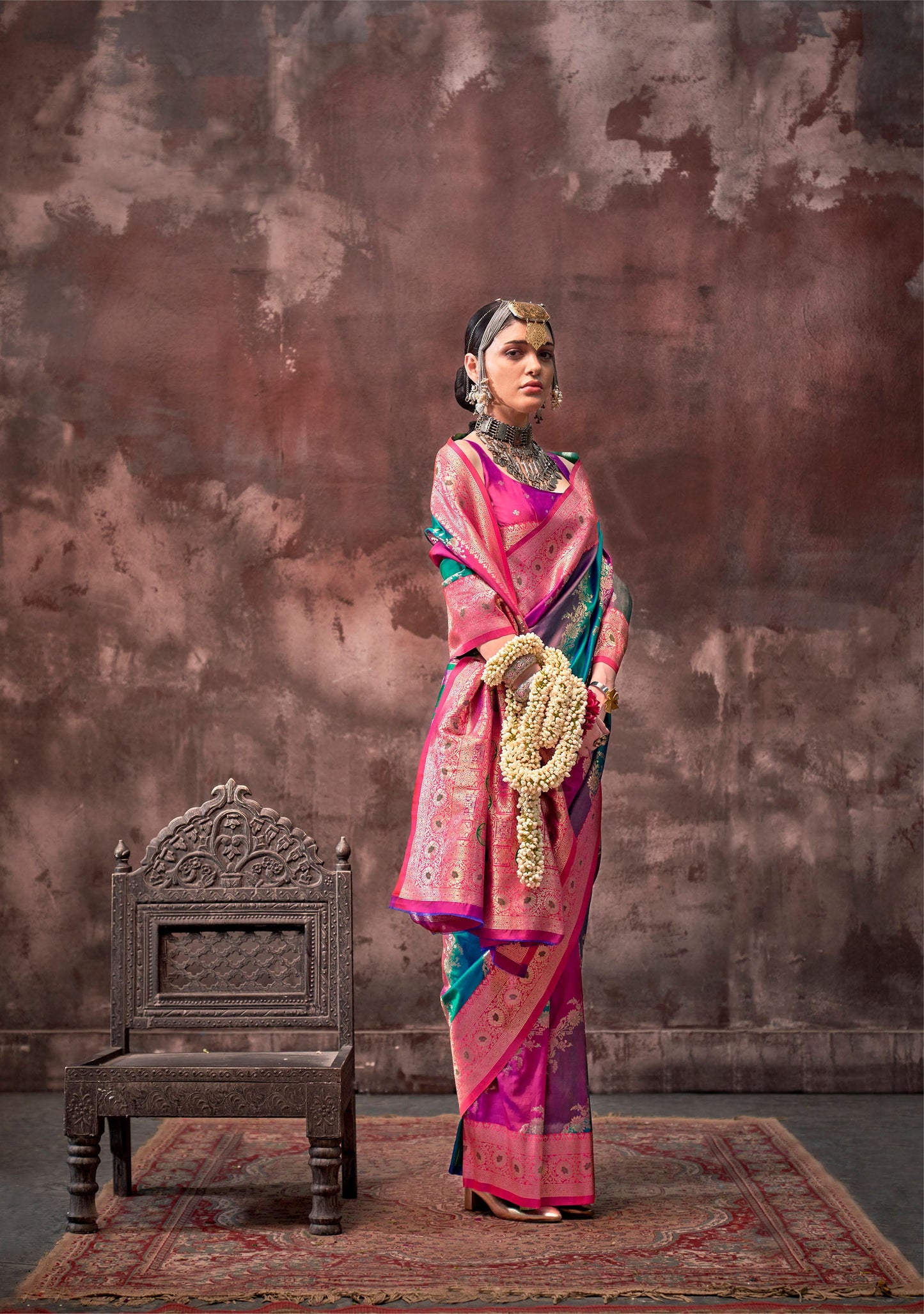 Teal blue Kookal Rangkaat Handloom Silk Saree