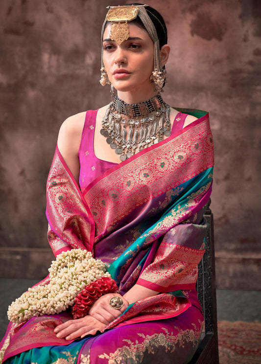 Teal blue Kookal Rangkaat Handloom Silk Saree