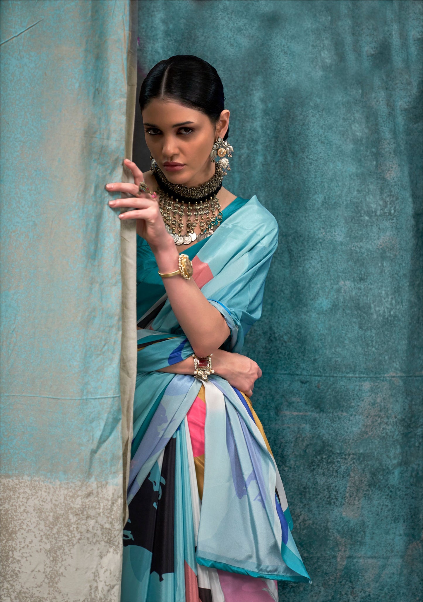 Teal blue and white Kernia's Printed Pure Silk Crepe Saree