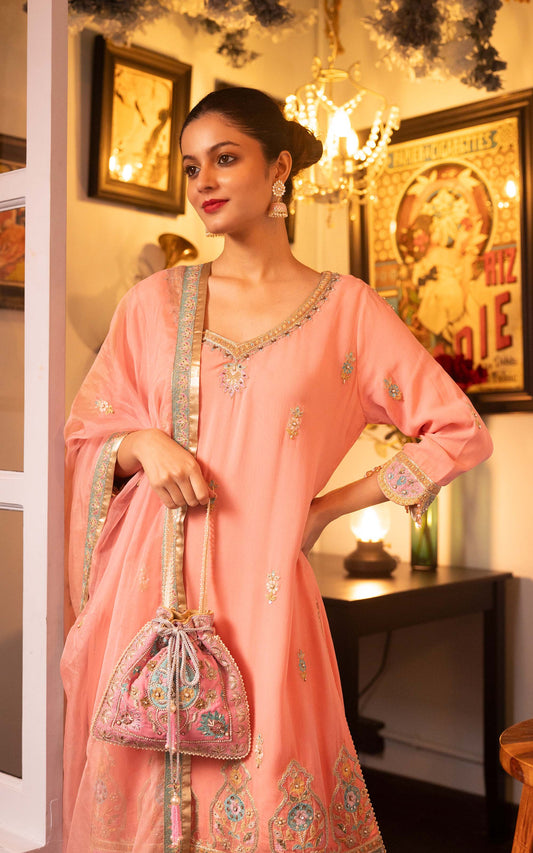 Pietra Dura Pink Georgette Machine Embroidered Party Sharara