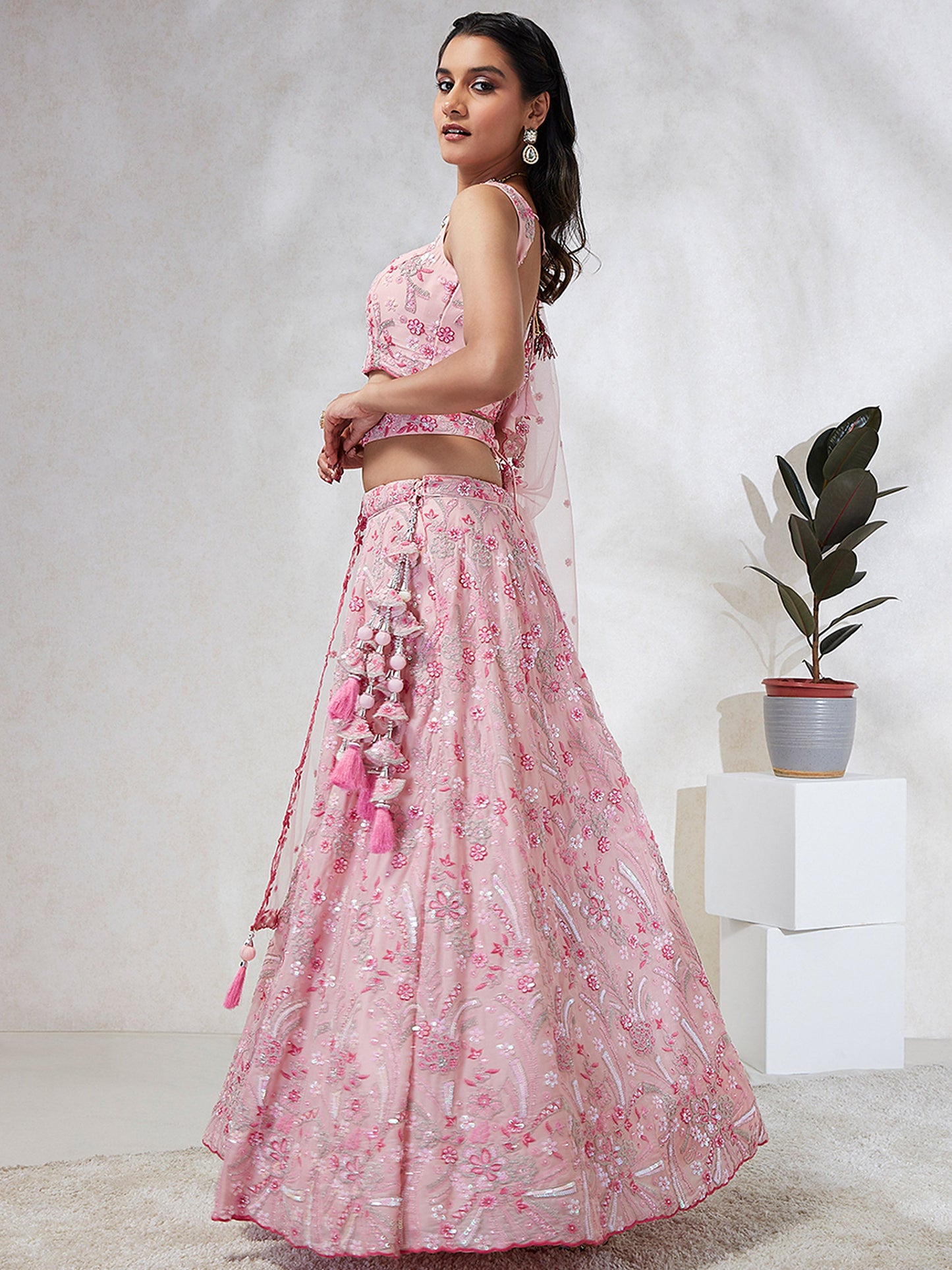 Pink Georgette Sequins and thread embroidery Lehenga