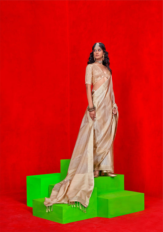 Beige Kontigo Pure Viscose Zari Tissue Saree