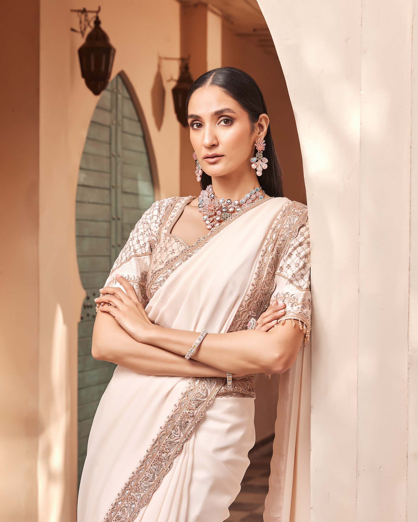 Mughal Light Peach Georgette Embroidered Party Saree