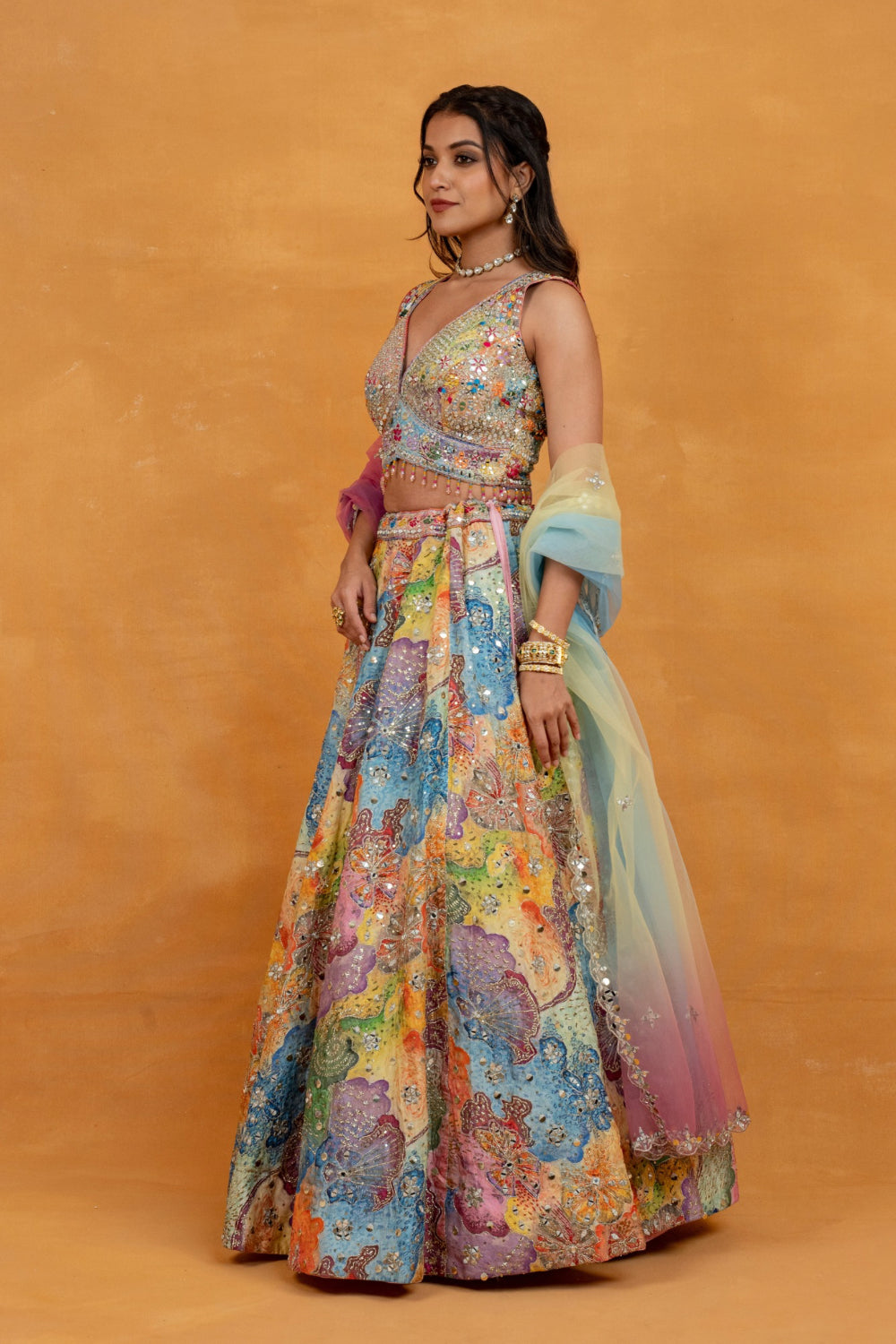 Multicolour printed silk lehenga choli with mirror, foil, sequins and bead work