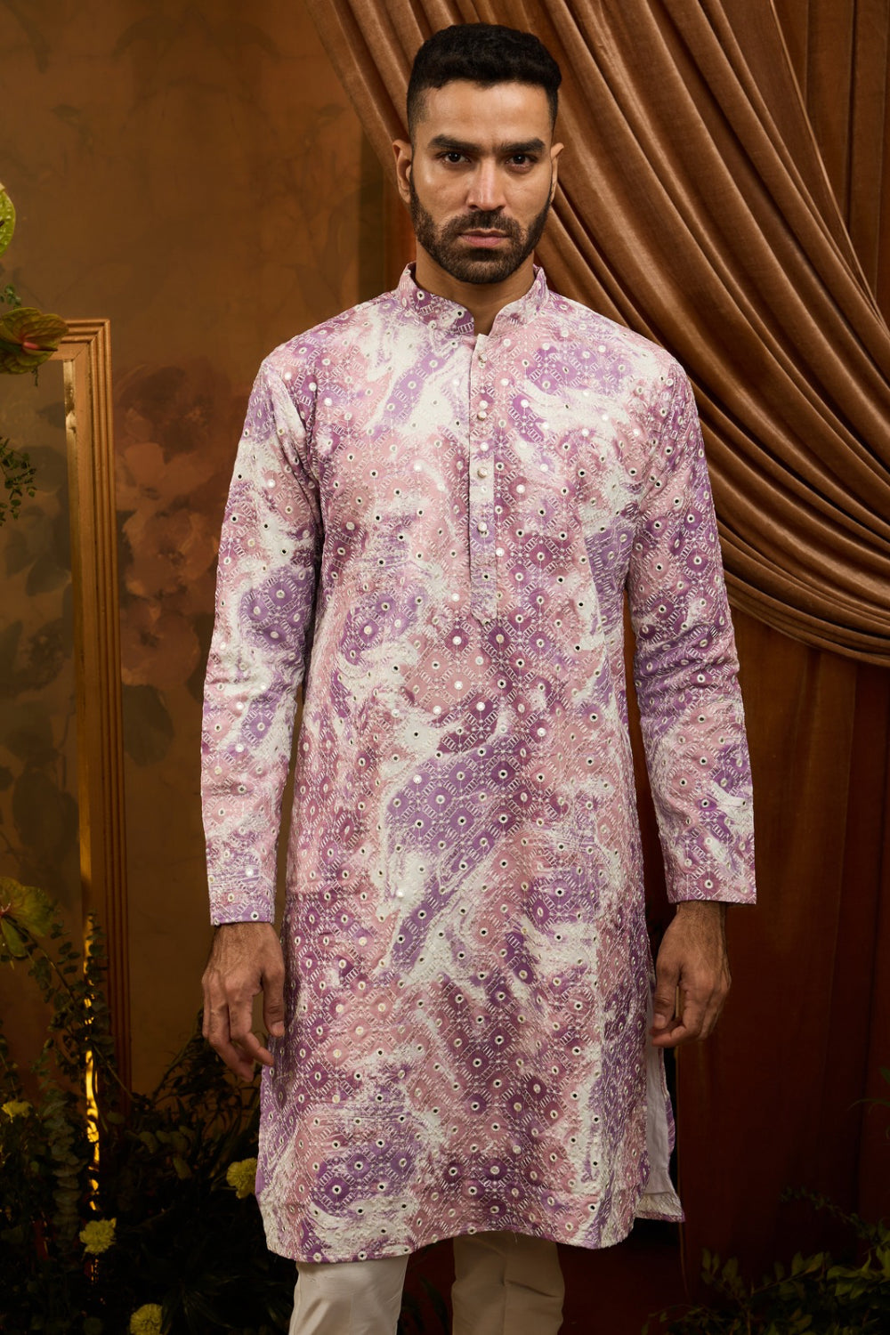 Purple silk kurta pajama set with white embroidery and mirror work