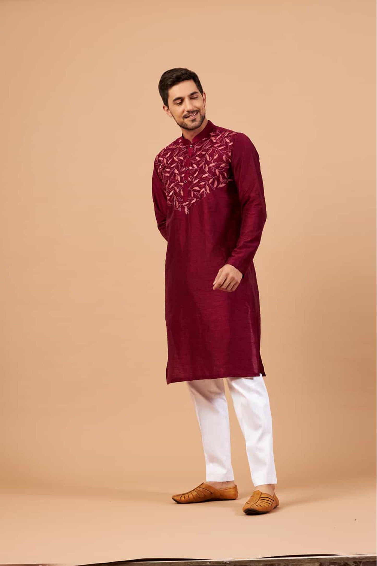 Magenta Semi Raw Silk Hand Embroidered ( only Kurta )