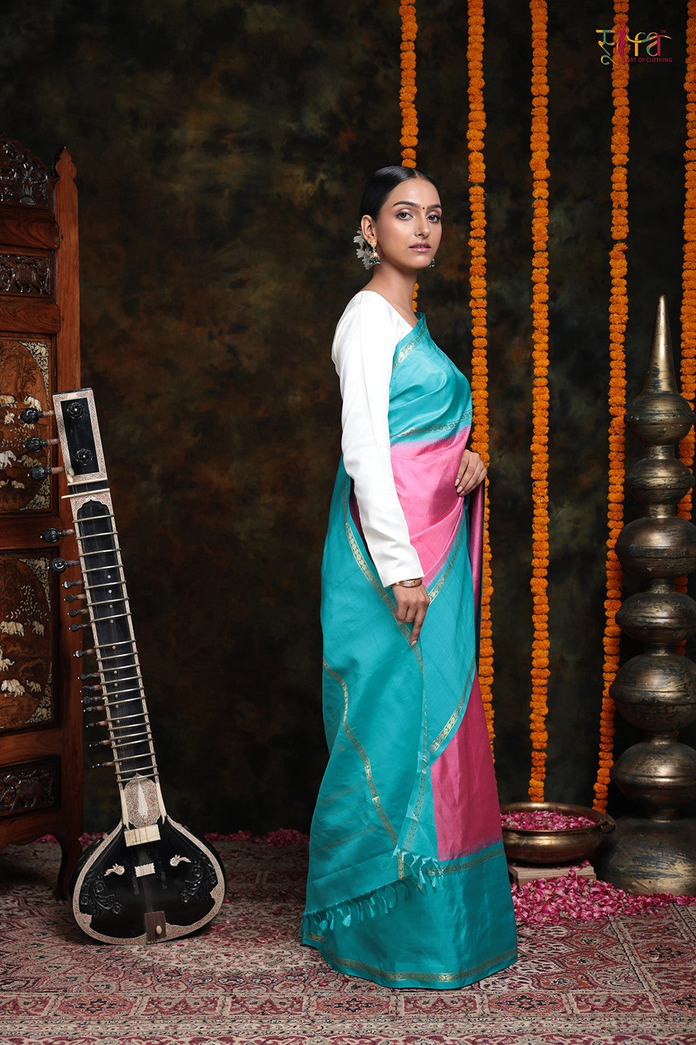 Rose Pink & Azure Blue Handloom pure silk Kanchipattu Saree