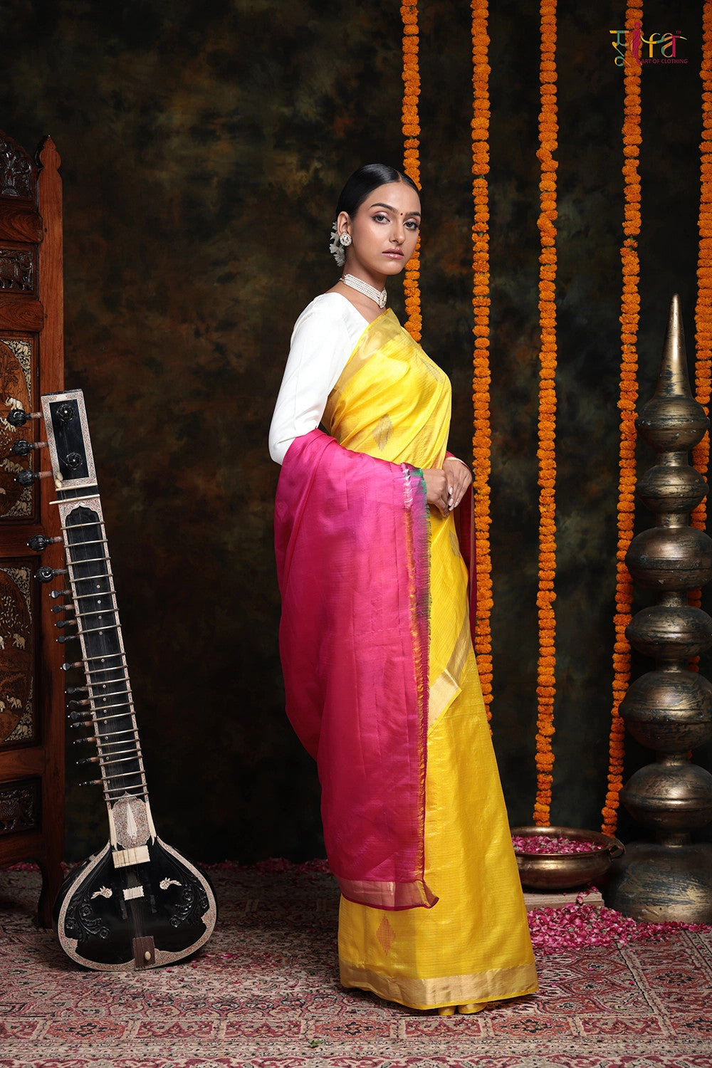 Handloom Bright Yellow Pure Silk Kanchi Contemporary Saree