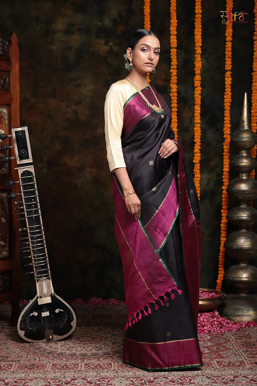 Handloom Black Kanchipattu Saree With Rudraksh Booti