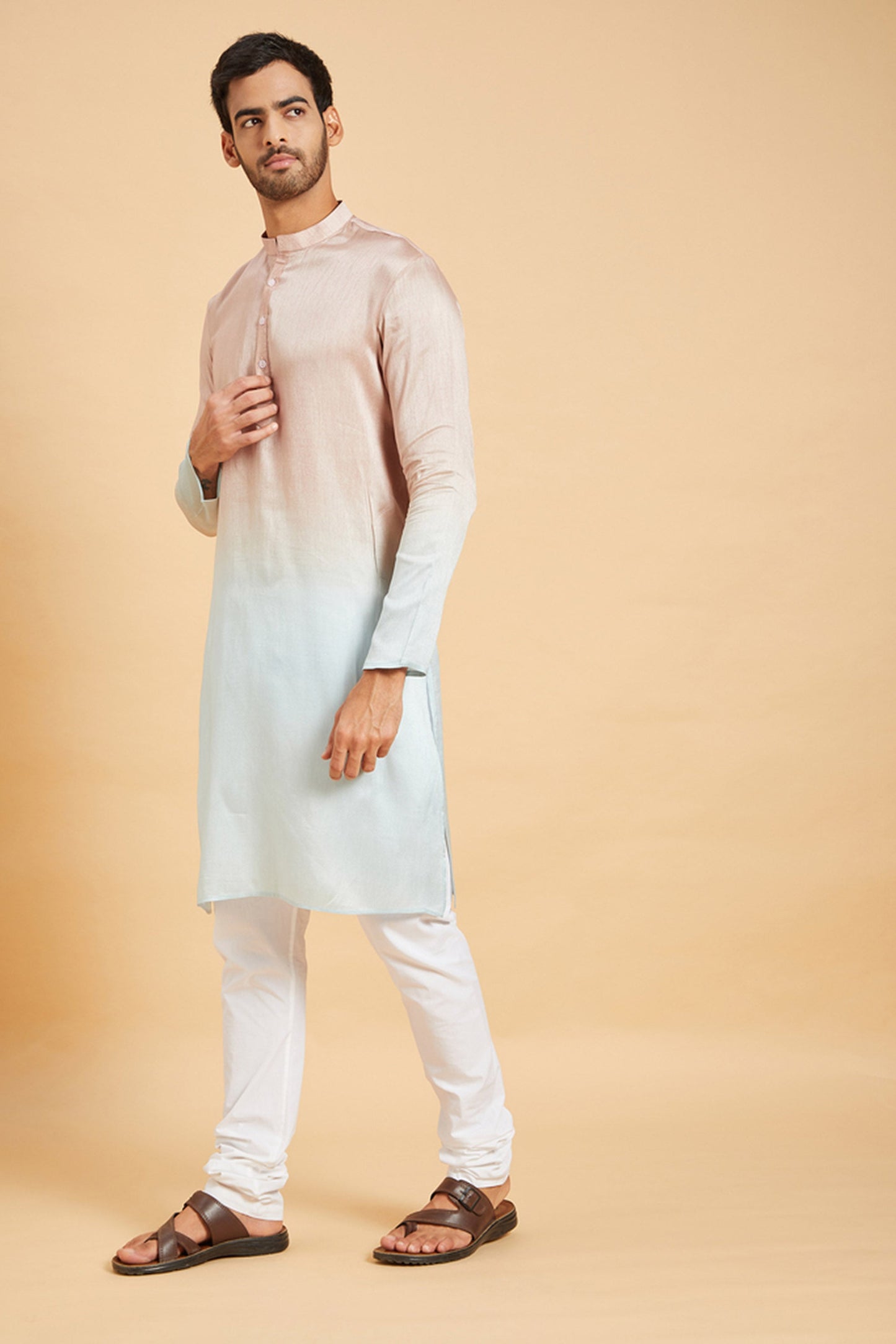 Pink & Sea Blue Raw Silk Embroidered Ombre Festive ( only Kurta )
