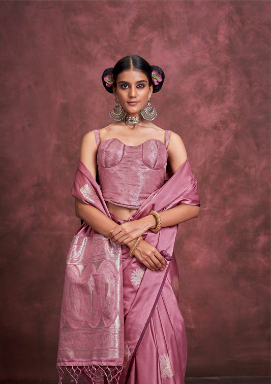 Mauve Pink Kanthkala Satin Silk Handloom Banarasi Zari Weaving Saree