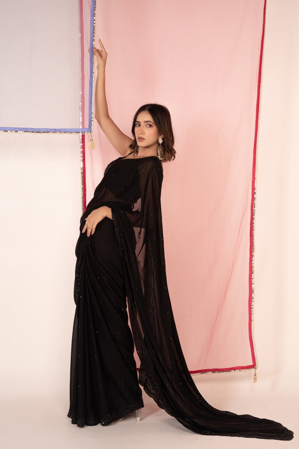 Black tissue silk saree and unstitched blouse piece