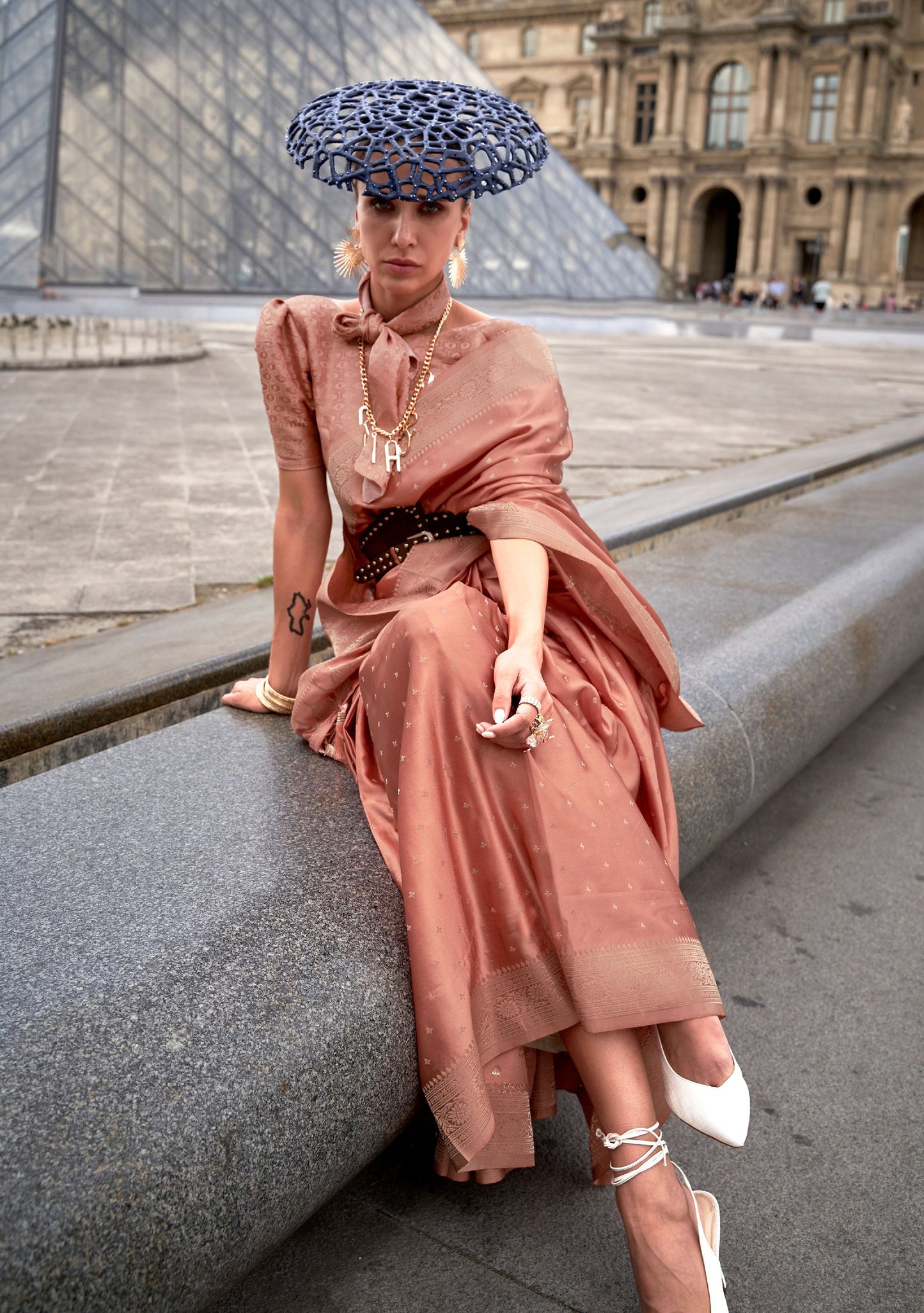 Peach Kamzah Silk Pure Satin Nylon Handloom saree