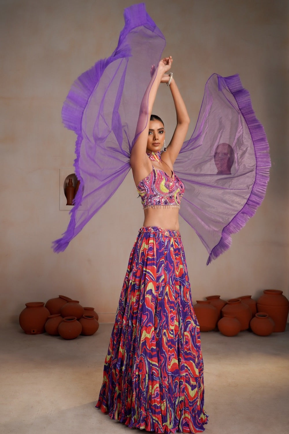 Multicolour Crepe Silk lehenga choli
