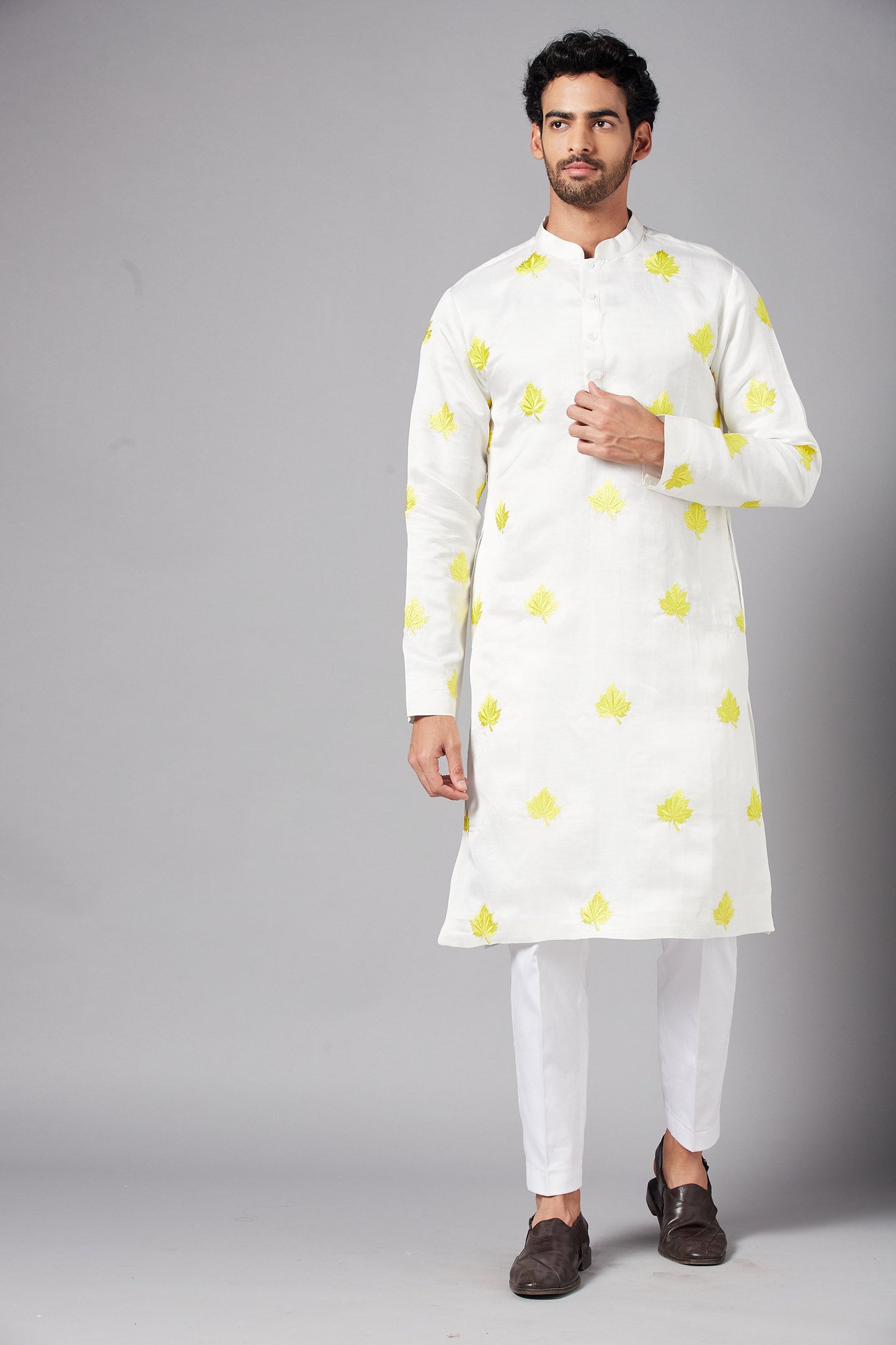 White Linen Satin Motif Embroidered Festive ( only Kurta )