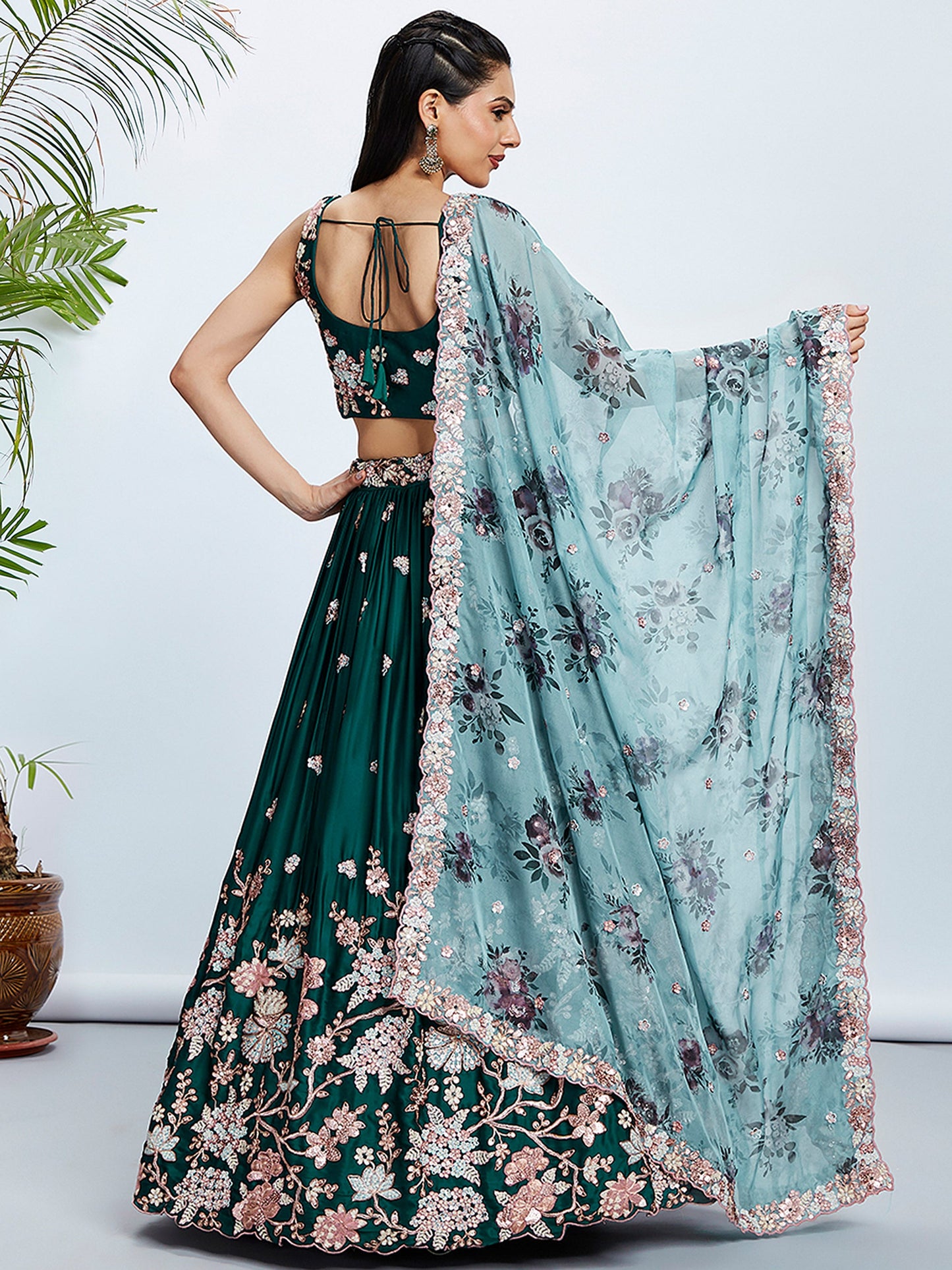 Green Pure Georgette Sequins and thread embroidery Lehenga