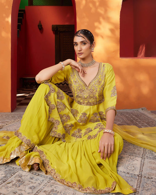 Mughal Yellow Raw Silk Embroidered Haldi Sharara