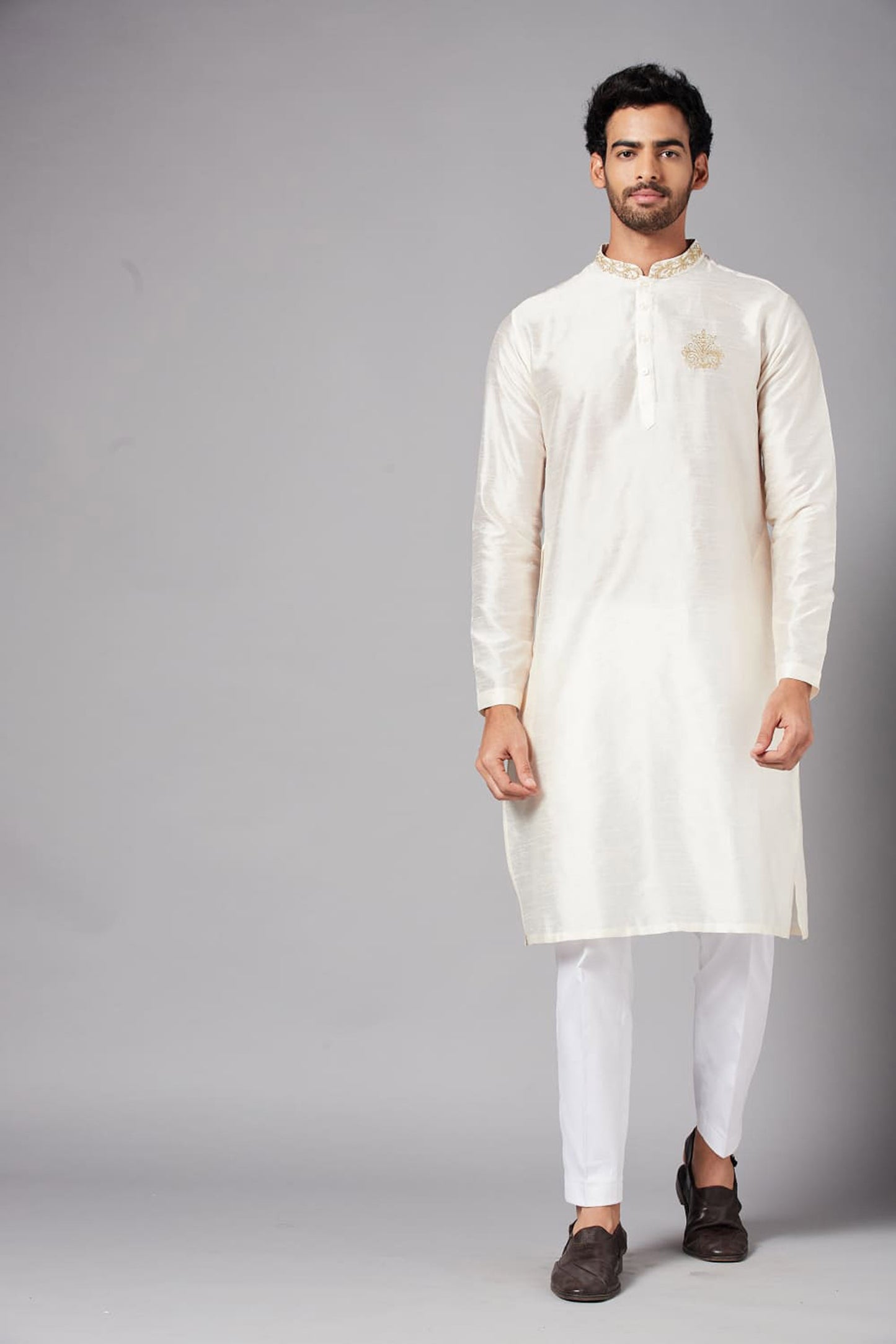 White Semi Raw Silk Embroidered Festive ( only Kurta )
