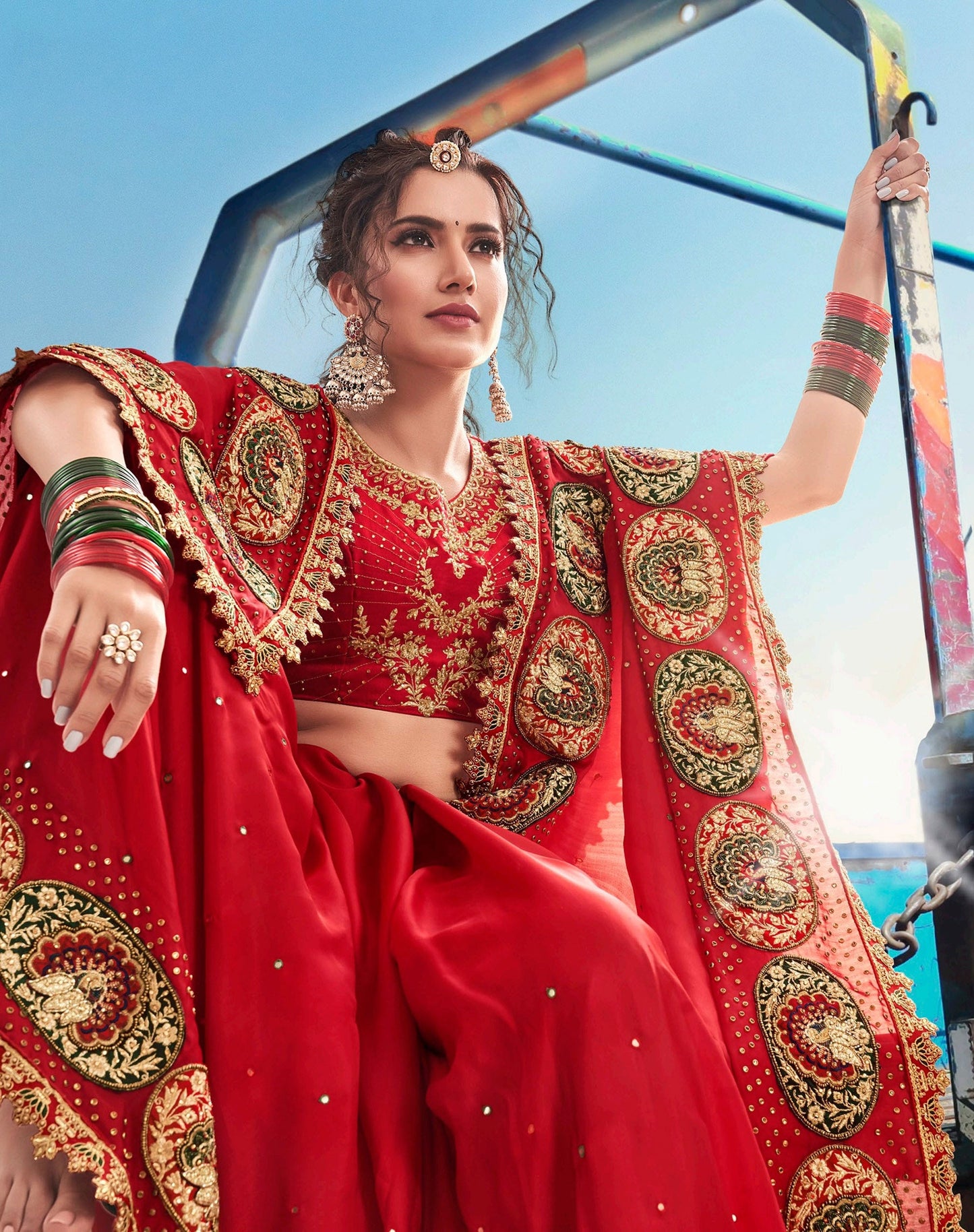 Red Moti and Cutdana Work Pure Satin Bridesmaid Saree