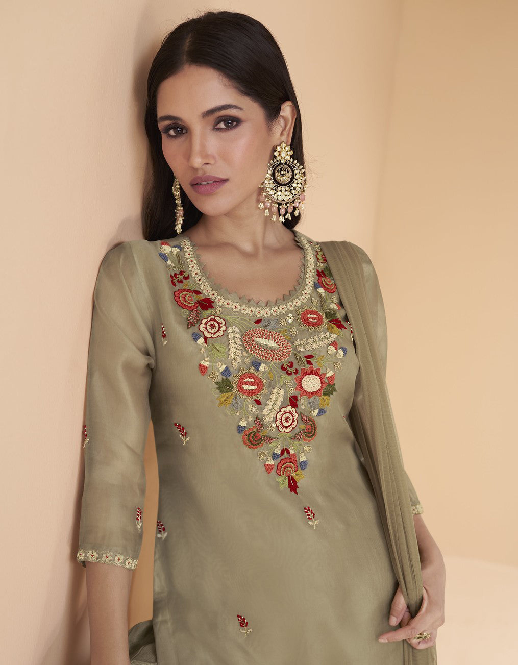 Beige Color Embroidered Organza Sharara