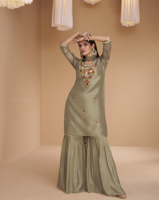 Beige Color Embroidered Organza Sharara