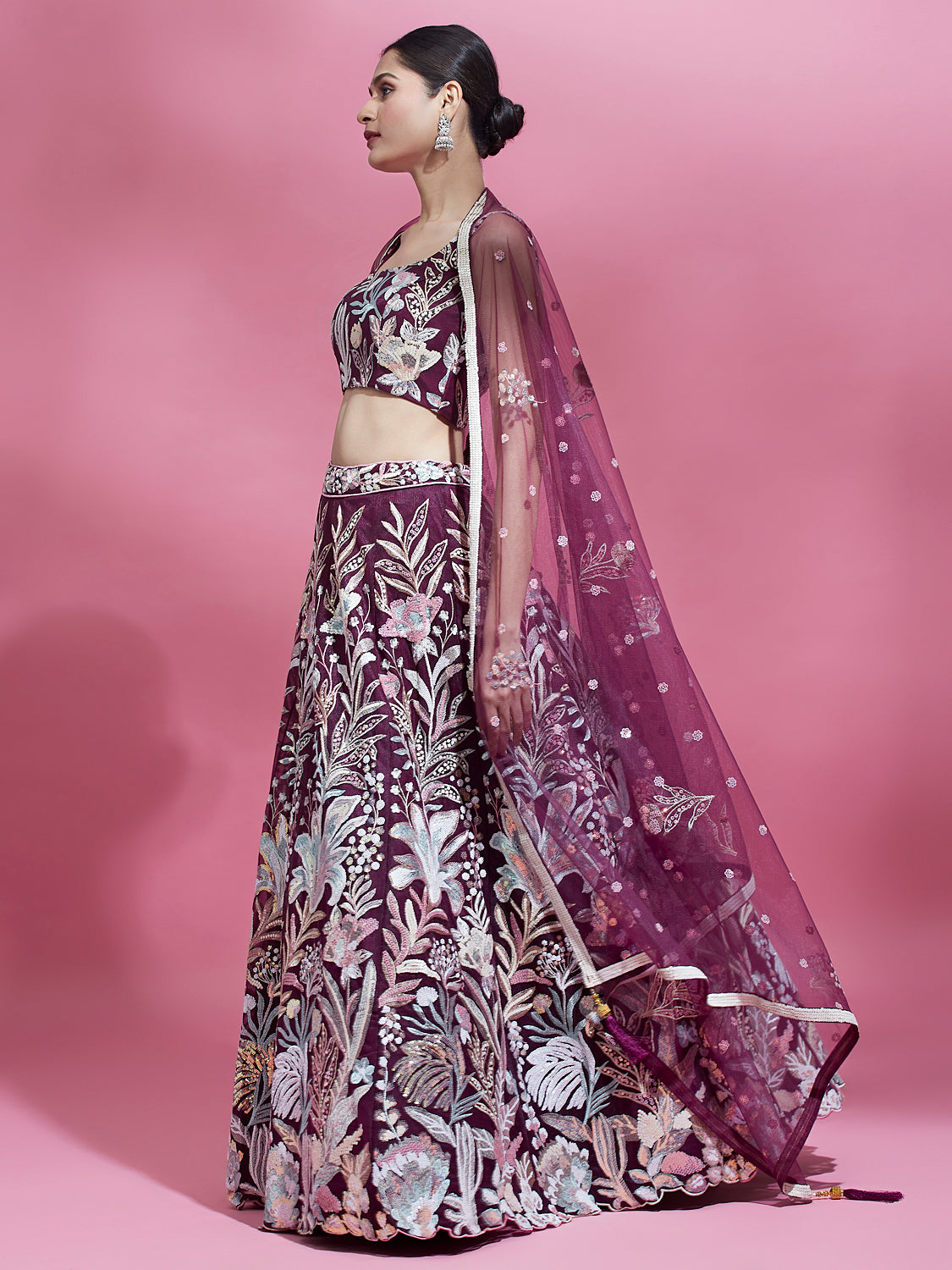Wine Net Sequins Work Bridesmaid Lehenga