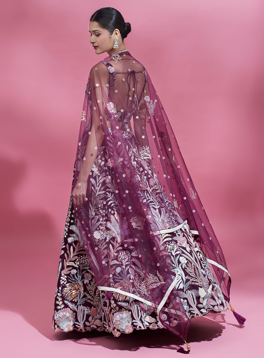 Wine Net Sequins Work Bridesmaid Lehenga