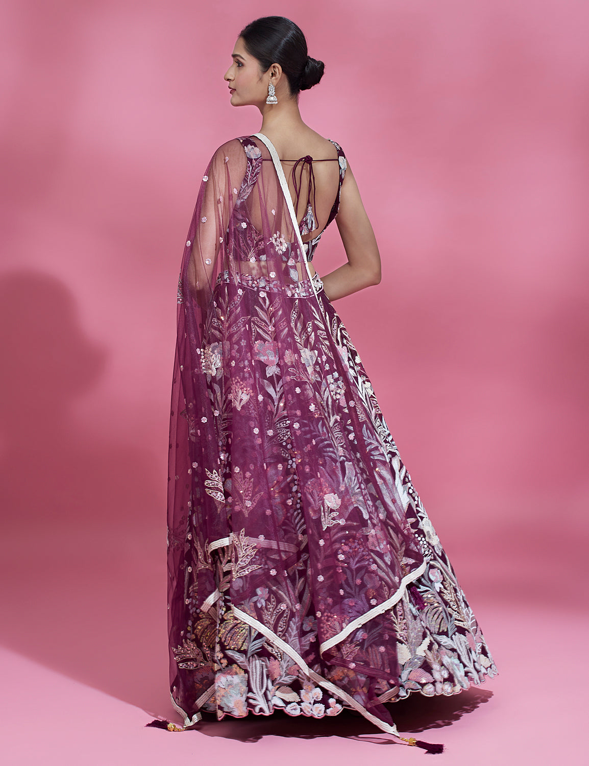 Wine Net Sequins Work Bridesmaid Lehenga