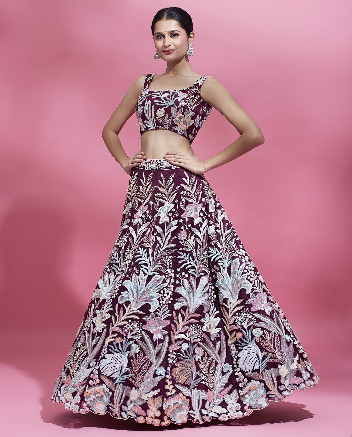 Wine Net Sequins Work Bridesmaid Lehenga