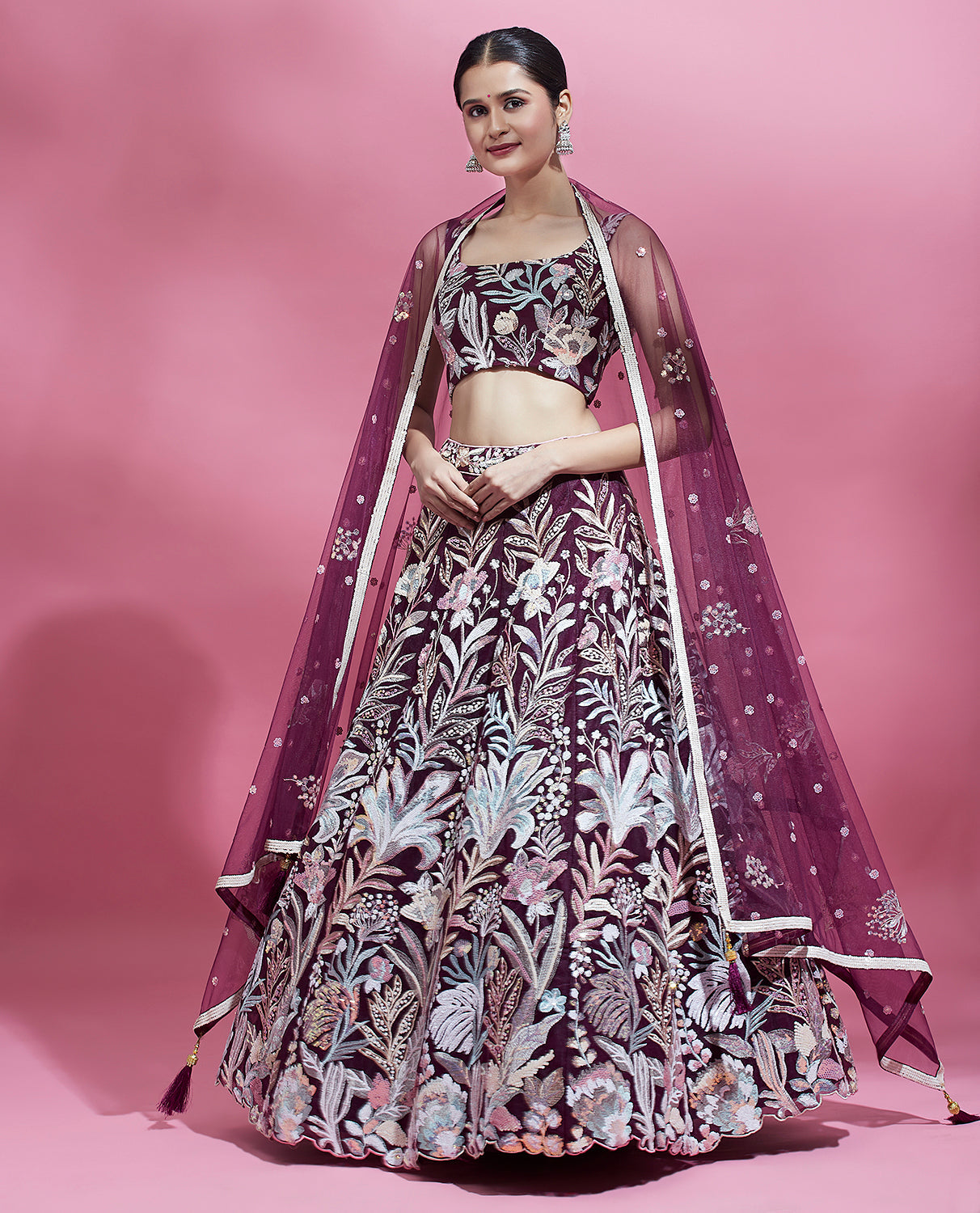 Wine Net Sequins Work Bridesmaid Lehenga
