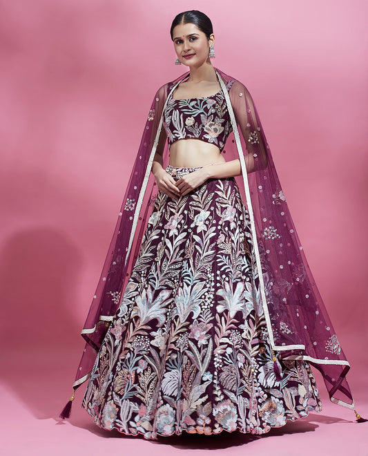 Wine Net Sequins Work Bridesmaid Lehenga