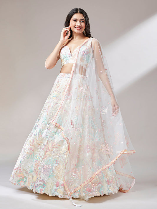 Cream Net Sequins Work Sangeet Lehenga