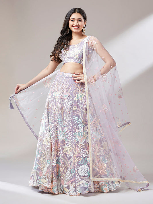 Mauve Net Sequins Work Sangeet Lehenga