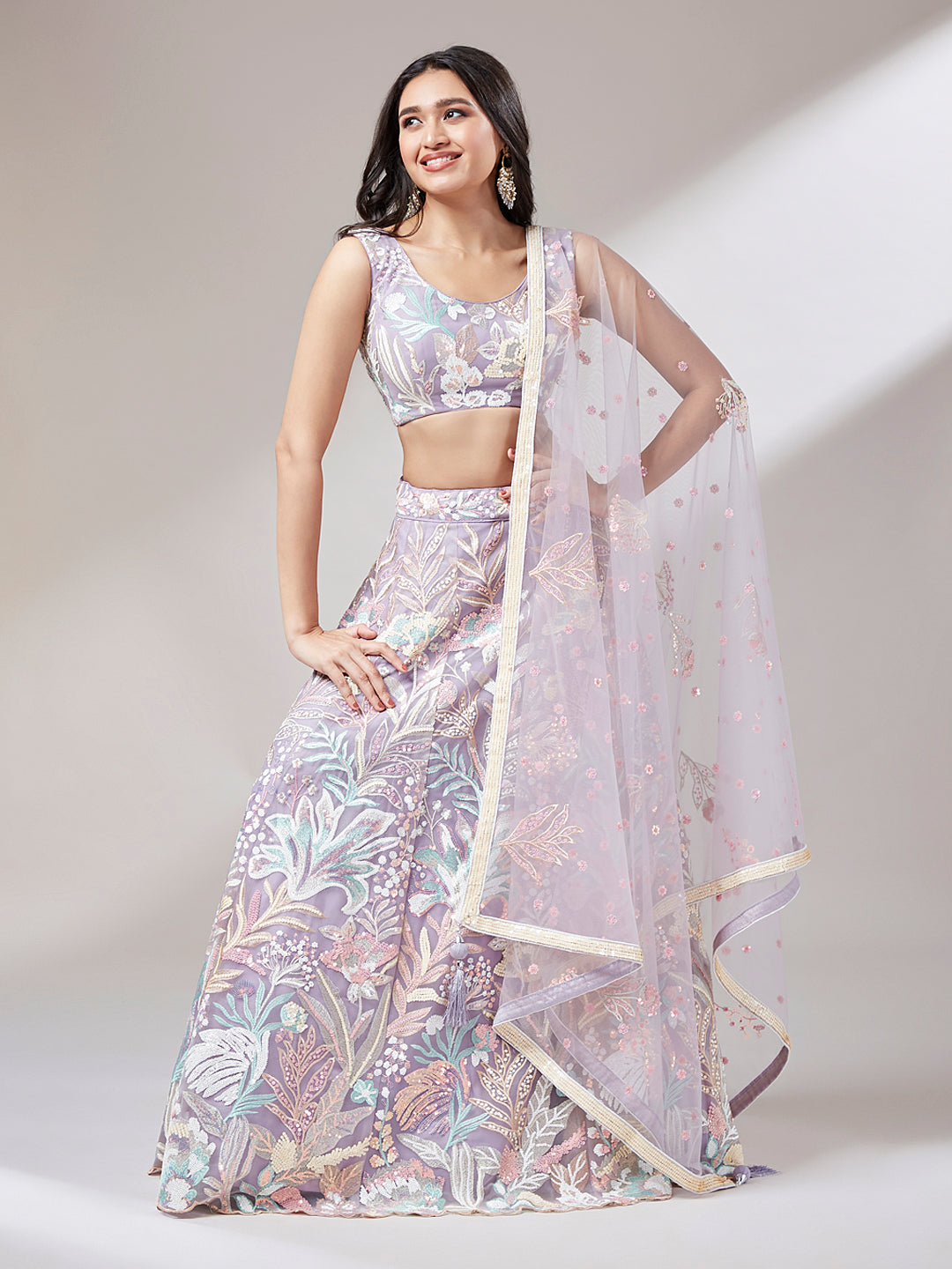 Mauve Net Sequins Work Sangeet Lehenga