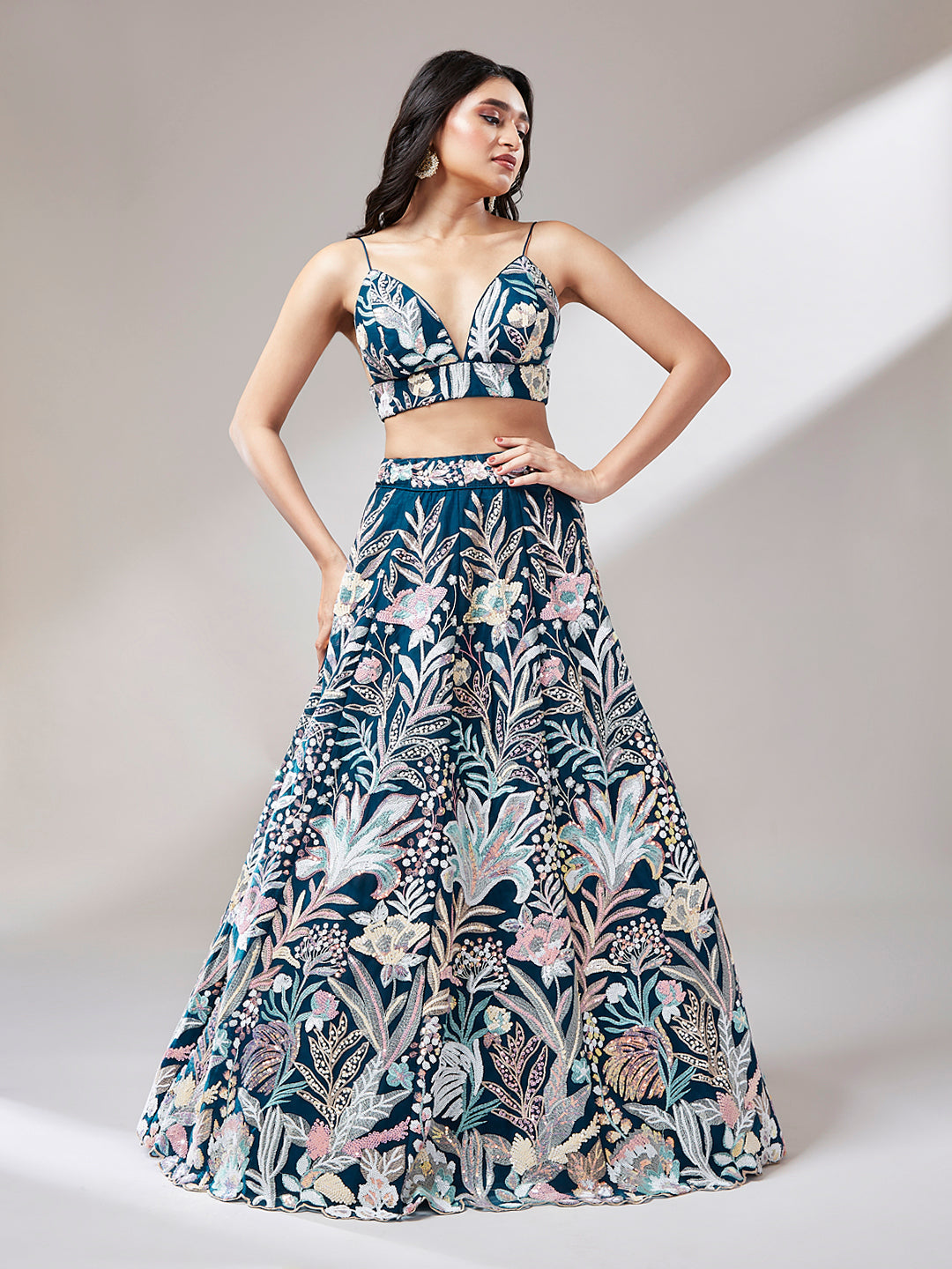 Navy Blue Net Sequins Work Bridesmaid Lehenga