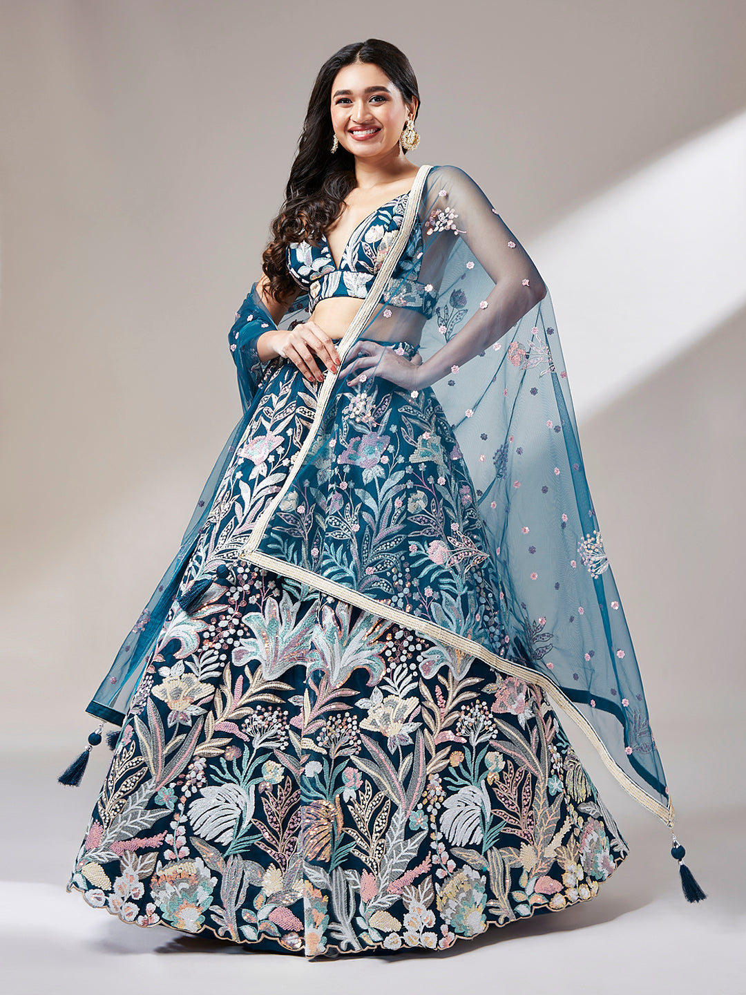 Navy Blue Net Sequins Work Bridesmaid Lehenga
