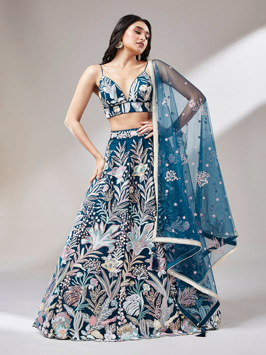 Navy Blue Net Sequins Work Bridesmaid Lehenga