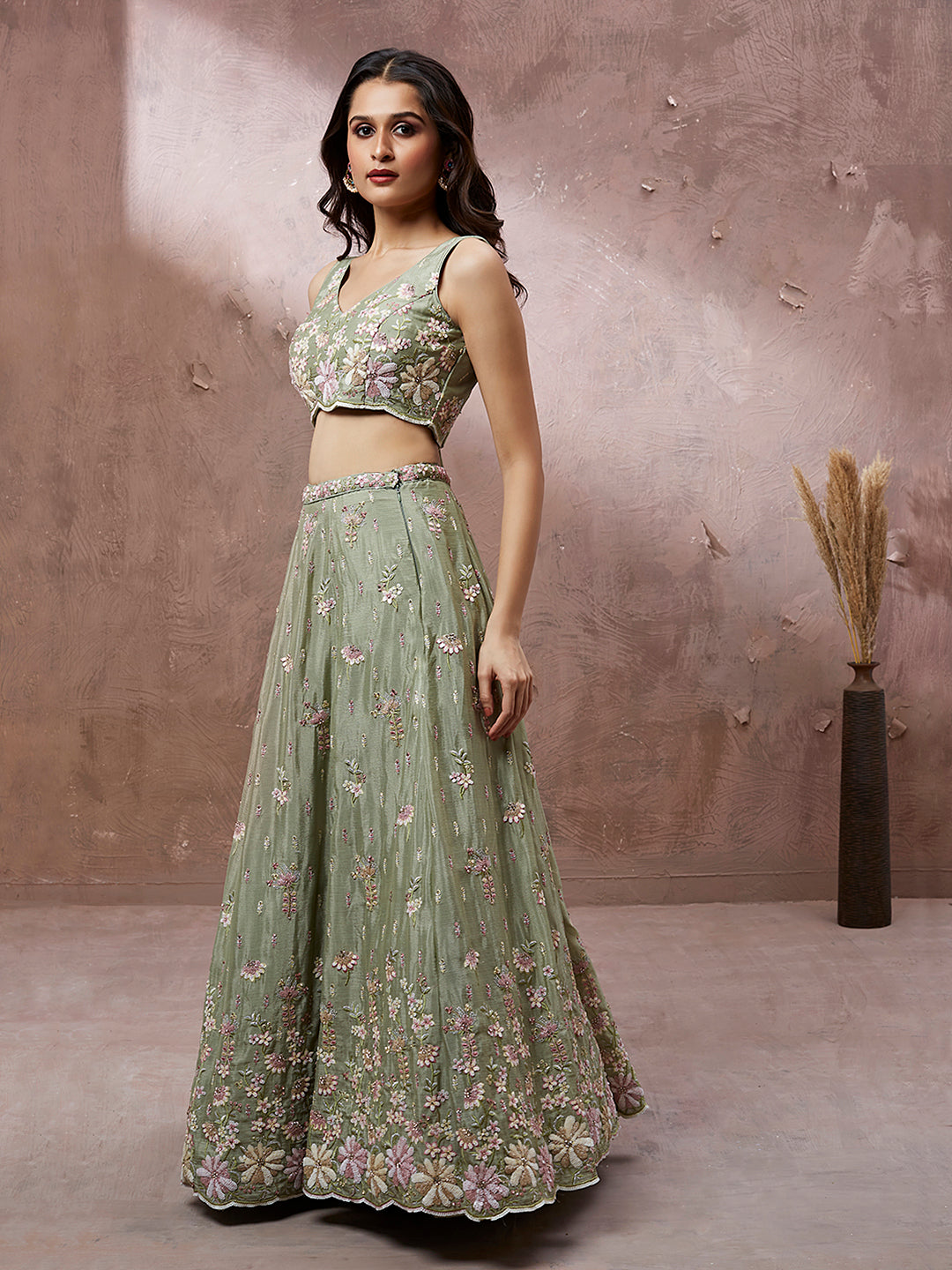 Green Georgette Sequins & Heavy Zarkan embroidery Lehenga