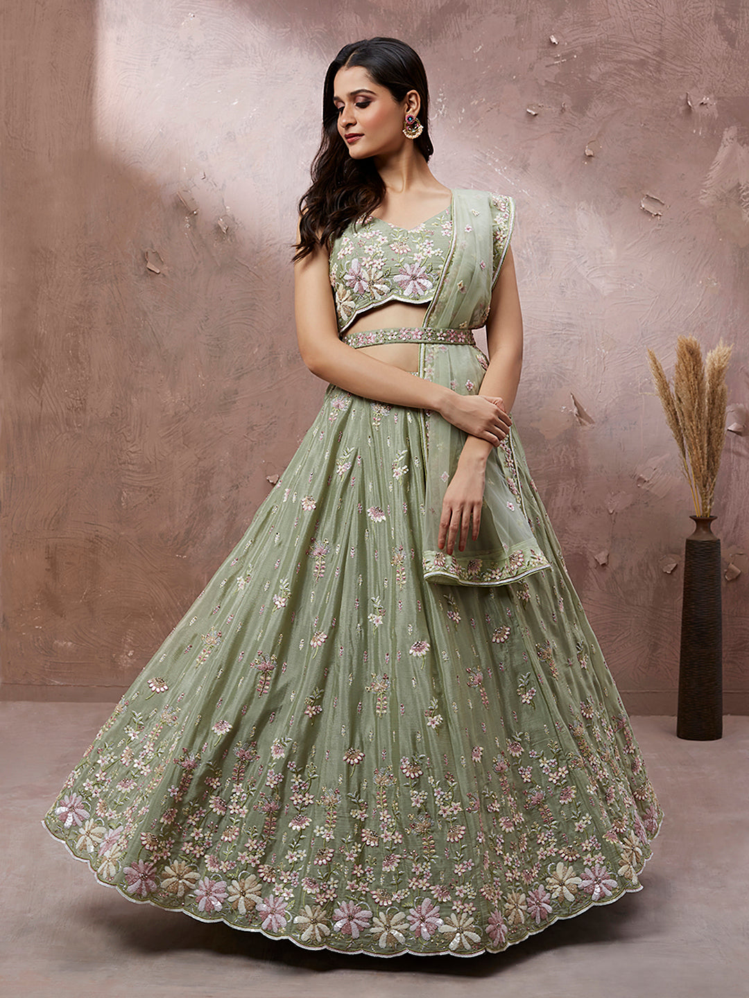 Green Georgette Sequins & Heavy Zarkan embroidery Lehenga