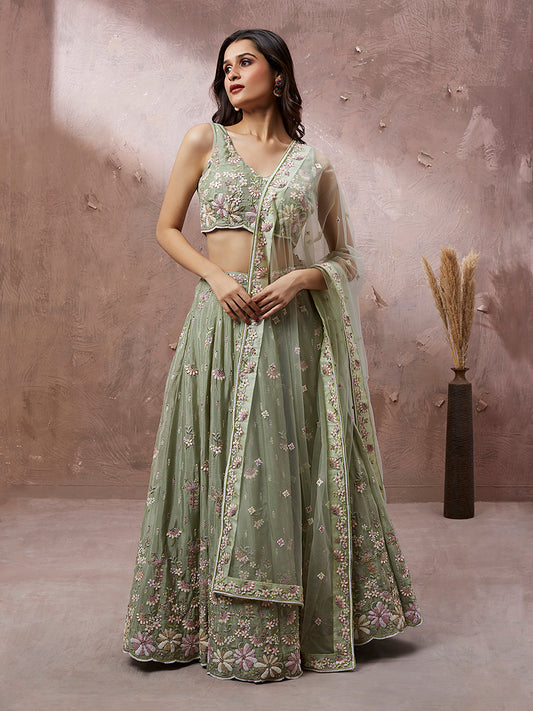 Green Georgette Sequins & Heavy Zarkan embroidery Lehenga