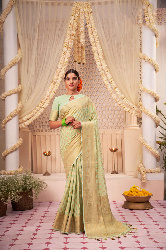 Green Color Gold Zari Georgette Viscose Saree