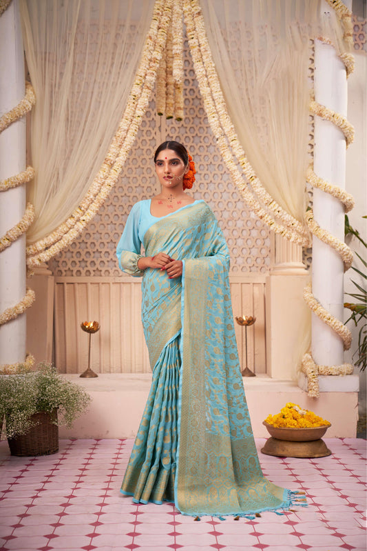 Light Blue Color Gold Zari Georgette Viscose Saree