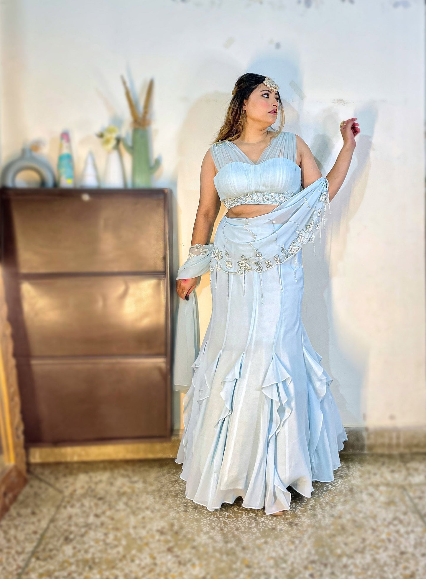 Ice Blue Georgette hand embroidered Cocktail Lehenga